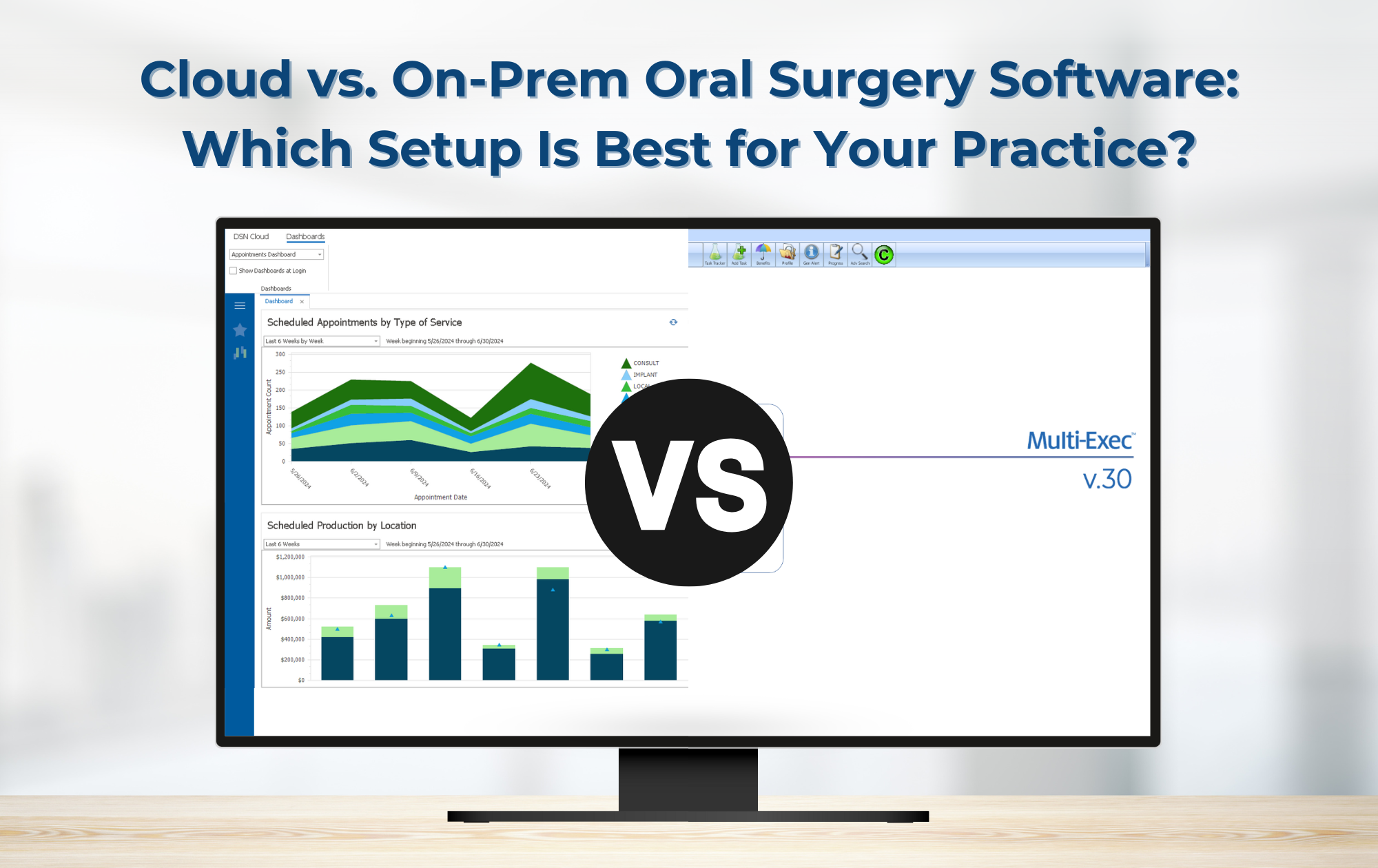 Cloud vs. On-Prem Oral Surgery Software: Which Setup Is Best for Your Practice? 1 Computer on a desk, comparing cloud vs on-premise software solutions with DSN Cloud and on-premise graphics.