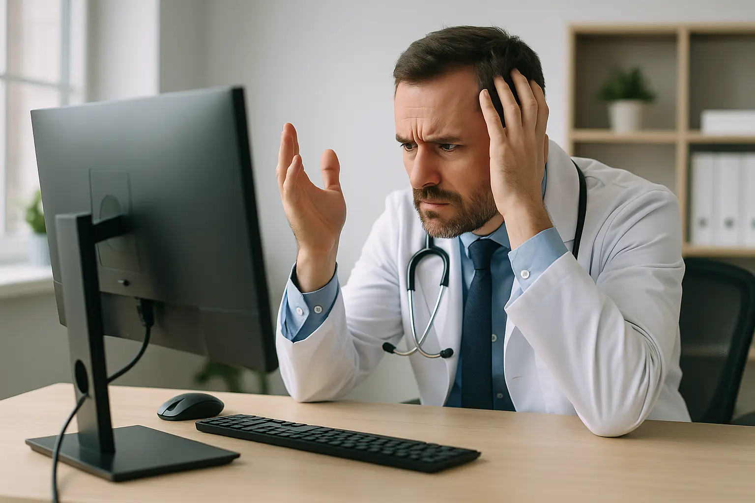 Doctor frustrated at computer screen
